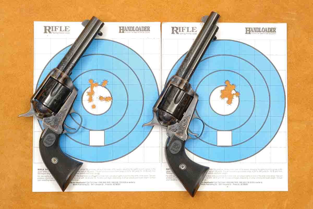 These 12-round 25-yard groups were shot from a pair of USFA .44-40 single actions. The load consisted of 6.8 grains of W-231 powder under RCBS 44-200-FN bullets.